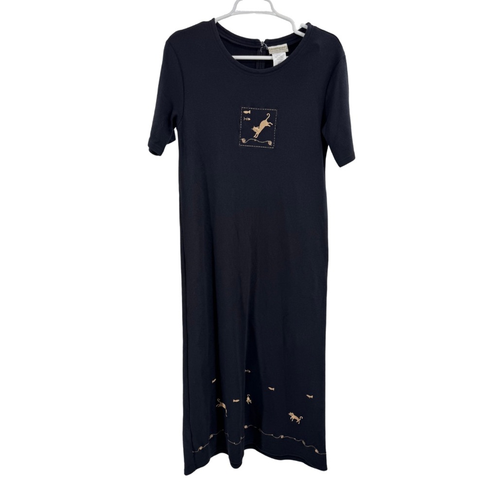 Coldwater Creek Black Maxi Dress embroidered Gold Cat Design S knit stretch